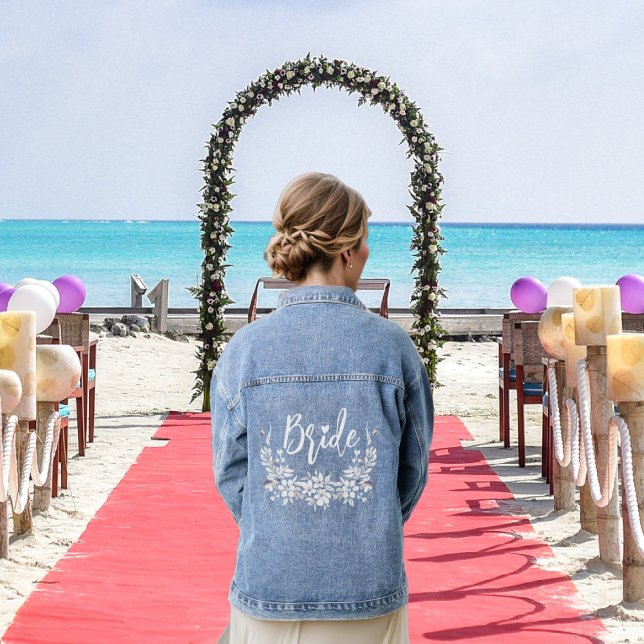 Bride typography and floral arrangement wedding denim jacket (Creator Uploaded)