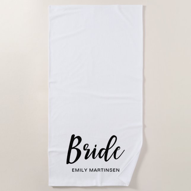 Bride Typography and Name Black and White Beach Towel (Front)