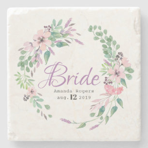 Bride Typography Colourful Spellbound Floral Wreat Stone Coaster