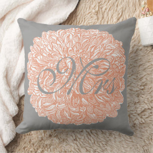 Bride Vintage Floral Chrysanthemum Grey Peach Throw Pillow
