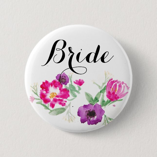 Bride Watercolor Flowers Button (Front)