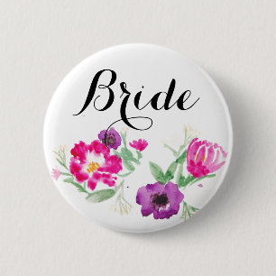 Bride Watercolor Flowers Button