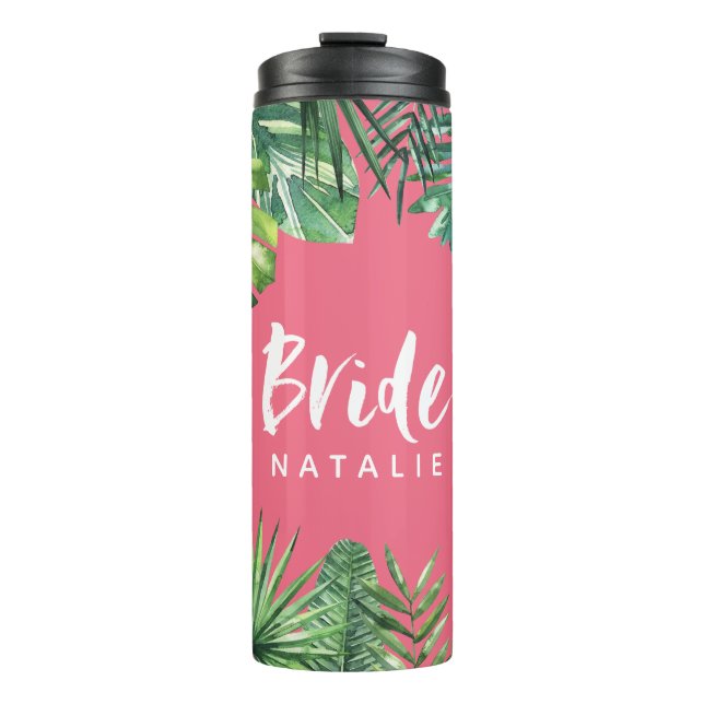 Bride watercolor tropical leaf bachelorette thermal tumbler (Front)