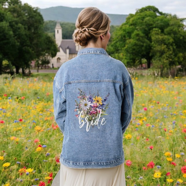Bride Watercolor Wildflower Boho Rustic Floral Denim Jacket (Creator Uploaded)