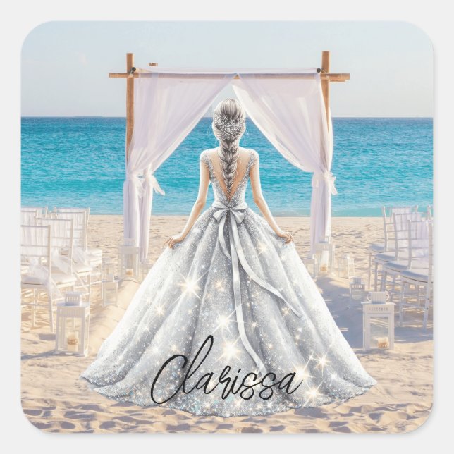 Bride Wedding Day Beach Wedding Fancy Gown Bridal Square Sticker (Front)