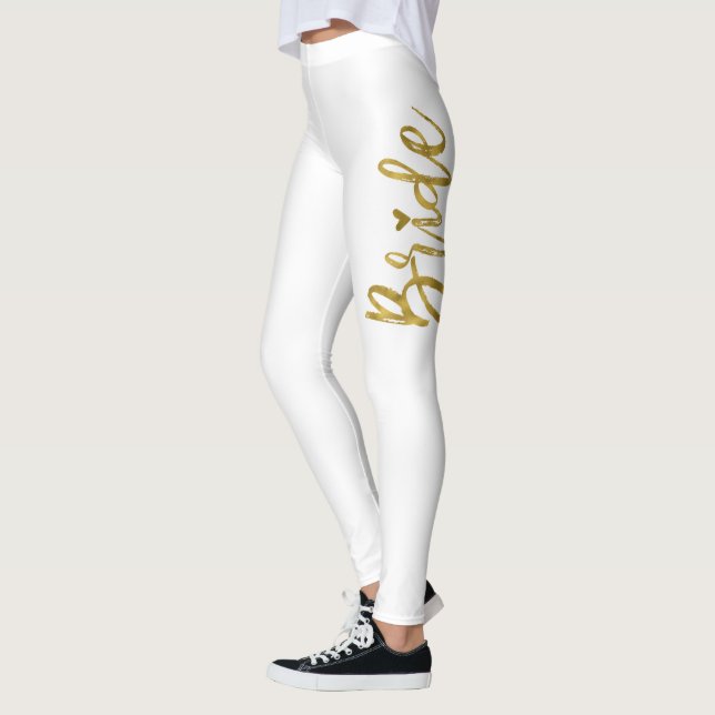 Bride White & Gold Faux Foil Typography Yoga Pants (Left)