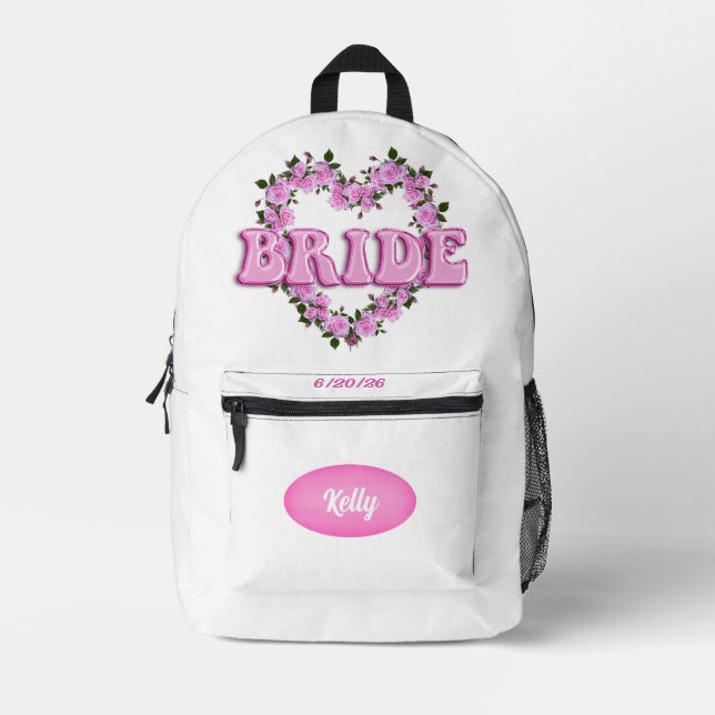 Bride White & Pink Roses Printed Backpack (Front)