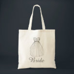 BRIDE White Princess Wedding Dress Bridal Tote Bag<br><div class="desc">Tote bag features an original marker illustration of a white princess style wedding dress, with BRIDE in a fun font. Perfect as a gift for the bride! Designer is available to create and upload custom designs to match the colours and themes of your wedding--click "Ask this Designer" to begin the...</div>