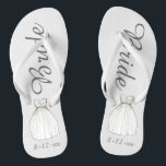 BRIDE White Princess Wedding Dress Gown Flip Flops<br><div class="desc">Flip flops feature an original marker illustration of a pretty white wedding dress, with BRIDE in a fun font. Great little gift for the bride! Simply personalize with the date of your event. Coordinating designs available for other bridal party members. Designer is available to create and upload custom designs to...</div>