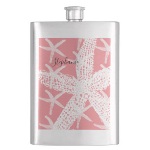 Bridemaid Gift Favour Starfish Pattern Salmon Pink Hip Flask