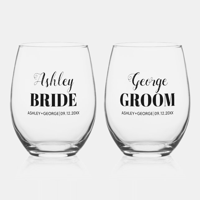 Brides and grooms names black typography wedding stemless wine glass (Front)