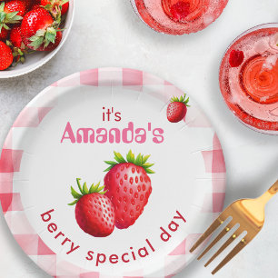 Bride's Berry Special Day Strawberry Retro Gingham Paper Plate