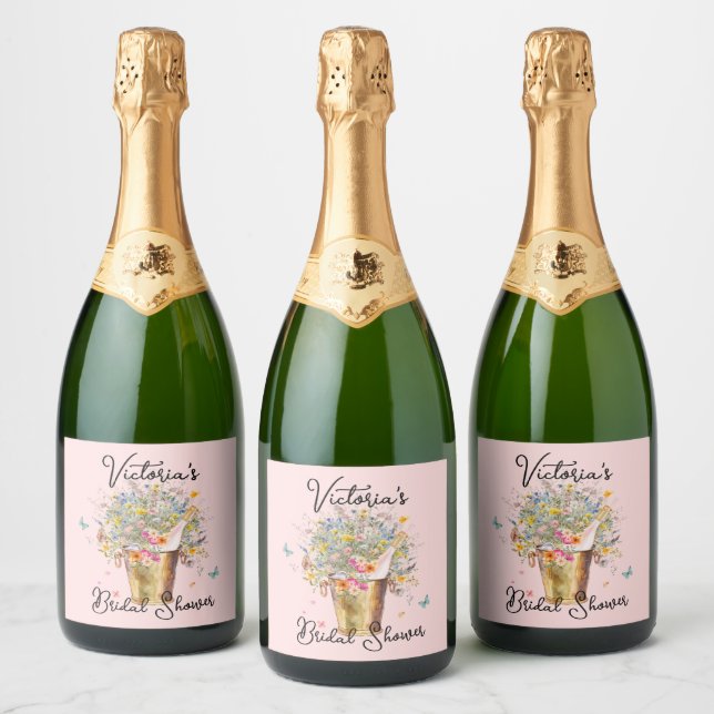 Bride's Huge Wildflower Bouquet Bridal Shower Sparkling Wine Label (Bottles)