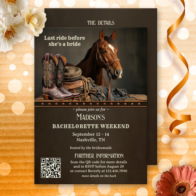 Brides Last Ride Nashville Bachelorette Weekend  Invitation (Brides last ride bachelorette weekend itinerary program template with a horse and cowboy boots.)