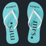 Brides Reception Personalized Flip Flops<br><div class="desc">A cute addition to your destination beach or poolside wedding! Dance the night away in these comfortable bridle flip flops. Sample background colour is a Tiffany, aqua blue-click "customize it" to change colour. The word "Mrs.", in black with the brides name personalized. To see matching groom's flip flops- Please visit...</div>