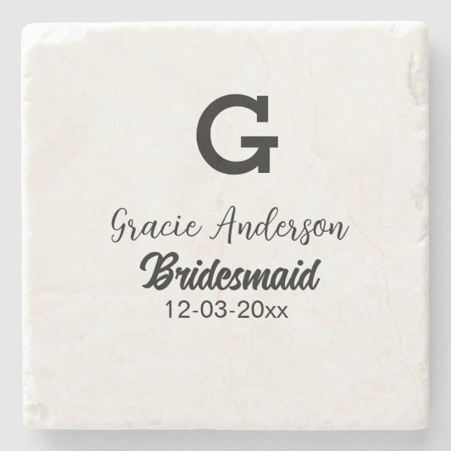 Bridesmaid add name monogram simple minimal modern stone coaster (Front)