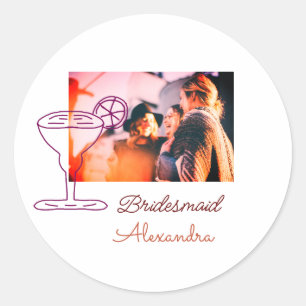 Bridesmaid add picture name cocktail glass coral  classic round sticker