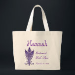 BRIDESMAID and NIECE or ANY Role Peacock Feathers Large Tote Bag<br><div class="desc">This custom wedding tote bag with its purple peacock feathers and a place to put a name,  wedding role,  and wedding date makes a sweet wedding gift for the woman members of your wedding party.  Personalize with her name and date!</div>