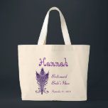 BRIDESMAID and NIECE or ANY Role Peacock Feathers Large Tote Bag<br><div class="desc">This custom wedding tote bag with its purple peacock feathers and a place to put a name,  wedding role,  and wedding date makes a sweet wedding gift for the woman members of your wedding party.  Personalize with her name and date!</div>