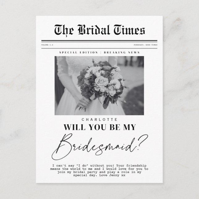 Bridesmaid asking, customizable Newspaper  Postcard (Front)