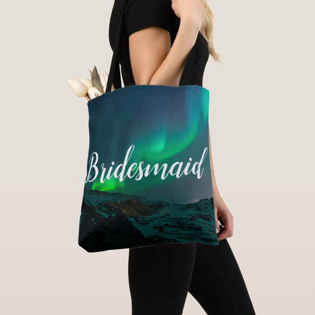 Bridesmaid Aurora Lights Script Elegant Wedding Tote Bag (Close Up)