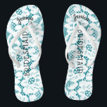 Bridesmaid Beach Wedding | Floral White Lace Aqua Flip Flops<br><div class="desc">Personalized, romantic floral lace beach wedding flip flop sandals- Faux vintage style, floral white lace on beachy feel, turquoise background. Name of bridesmaid at top in curved, elegant style, script letters. Bridesmaid is printed down the middle in modern lettering. Change to fit bridal party members, such as bride, flower girl...</div>