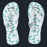 Bridesmaid Beach Wedding | Floral White Lace Aqua Flip Flops<br><div class="desc">Personalized, romantic floral lace beach wedding flip flop sandals- Faux vintage style, floral white lace on beachy feel, turquoise background. Name of bridesmaid at top in curved, elegant style, script letters. Bridesmaid is printed down the middle in modern lettering. Change to fit bridal party members, such as bride, flower girl...</div>