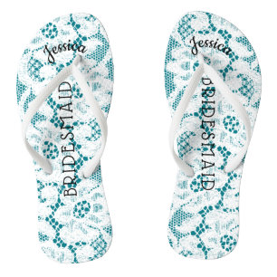 Bridesmaid Beach Wedding Floral White Lace Aqua Flip Flops