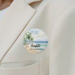 Bridesmaid beach wedding name tag 2 inch round button<br><div class="desc">A tropical beach,  waves and palm trees,  watercolored.  Personalize and add your bridesmaid's name.   Black handwritten style script.</div>