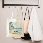 Bridesmaid beach wedding name tote bag<br><div class="desc">A tropical beach,  waves and palm trees,  watercolored.  Personalize and add your bridesmaid's name.   Black handwritten style script.</div>