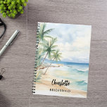 Bridesmaid beach wedding notebook<br><div class="desc">A tropical beach,  waves and palm trees,  watercolored.  Personalize and add your bridesmaid's name.   Black handwritten style script.</div>
