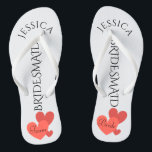 Bridesmaid Beach Wedding | Team Bride Flip Flops<br><div class="desc">Customized, romantic hearts beach wedding flip flop sandals- Scattered hearts design at bottom. Reads Team, then Bride, on other sandal in elegant style letters. Bridesmaid is printed down the middle in elegant, black letters. Change to fit bridal party members, such as flower girl or maid of honour. Personalized name at...</div>