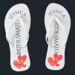 Bridesmaid Beach Wedding | Team Bride Flip Flops<br><div class="desc">Customized, romantic hearts beach wedding flip flop sandals- Scattered hearts design at bottom. Reads Team, then Bride, on other sandal in elegant style letters. Bridesmaid is printed down the middle in elegant, black letters. Change to fit bridal party members, such as flower girl or maid of honour. Personalized name at...</div>