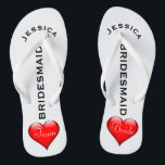 Bridesmaid Beach Wedding | Team Bride Hearts Flip Flops<br><div class="desc">Custom, romantic hearts beach wedding flip flop sandals- Fun, red heart design at bottom. Reads Team, then Bride, on other sandal in elegant, white letters. Bridesmaid is printed down the middle in modern, black letters. Change to fit bridal party members, such as flower girl or maid of honour. Personalized name...</div>