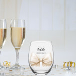 Bridesmaid beige cream bow stemless wine glass<br><div class="desc">Decorated with a girly beige,  cream coloured bow.  Personalize and add your bridesmaid's name.   Black handwritten style script.</div>