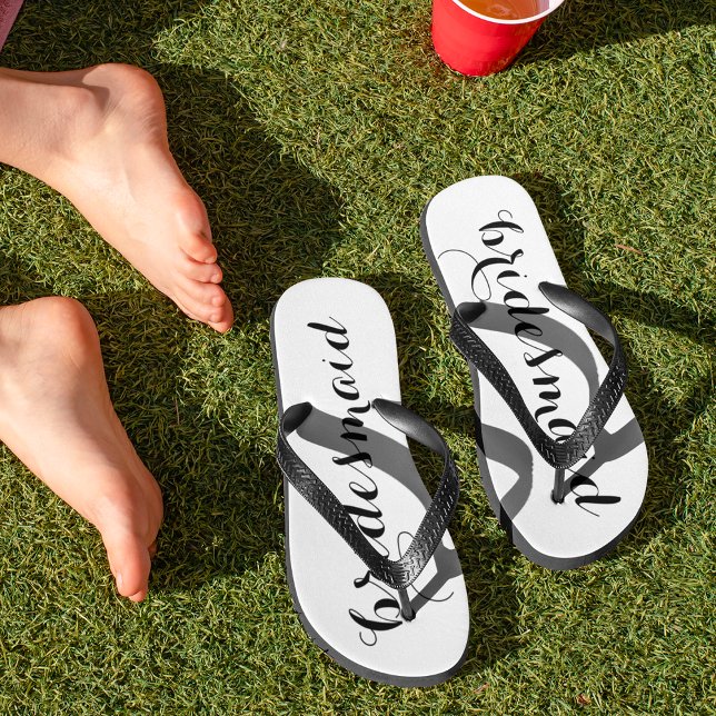Bridesmaid Black and White Script Flip Flops (Creator Uploaded)
