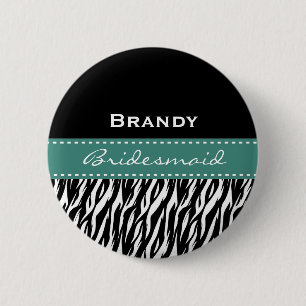 Bridesmaid Black White Teal Modern Zebra Print V2 2 Inch Round Button