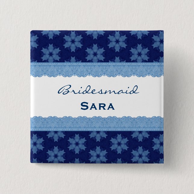 Bridesmaid  Blue Floral Pattern and Lace H909G 2 Inch Square Button (Front)