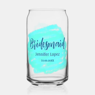 Bridesmaid blue green watercolor add name date sty can glass