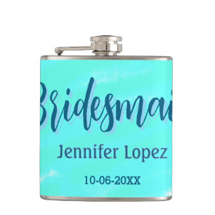 Bridesmaid blue green watercolor add name date sty hip flask