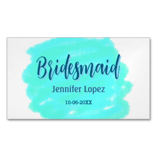 Bridesmaid blue green watercolor add name date sty Magnetic business card