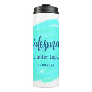 Bridesmaid blue green watercolor add name date sty thermal tumbler