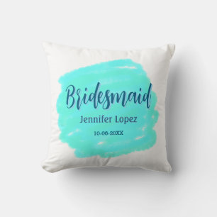 Bridesmaid blue green watercolor add name date sty throw pillow
