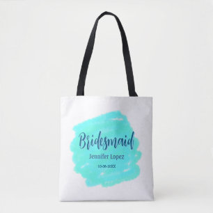Bridesmaid blue green watercolor add name date sty tote bag