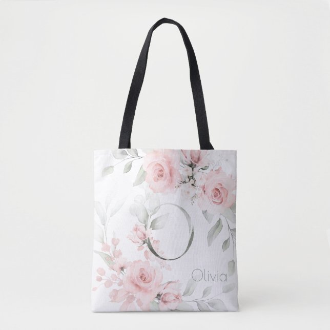 Bridesmaid Blush Pink Rose Monogram Letter O Tote Bag (Front)
