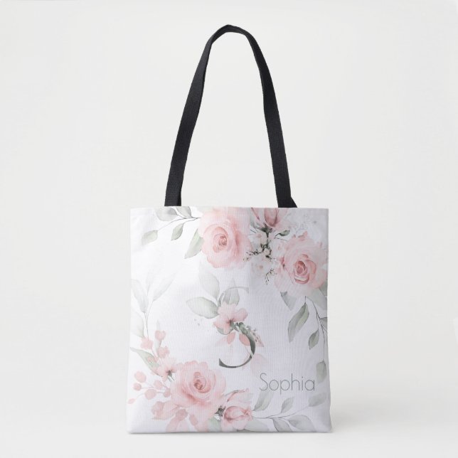 Bridesmaid Blush Pink Rose Monogram Letter S Tote Bag (Front)