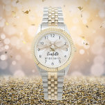 Bridesmaid bow beige cream name watch<br><div class="desc">A beige,  cream coloured background. Decorated with a large bow.  Personalize and add your bridesmaid's name.   Black handwritten style script.</div>