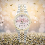Bridesmaid bow blush pink name watch<br><div class="desc">A soft, blush pink background. Decorated with a large bow. Personalize and add your bridesmaid's name. Black handwritten style script.</div>
