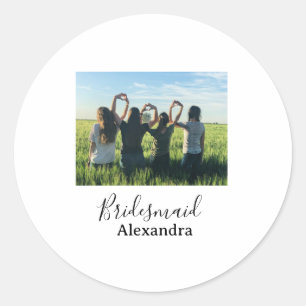 Bridesmaid bride squad name calligraphy photo gift classic round sticker