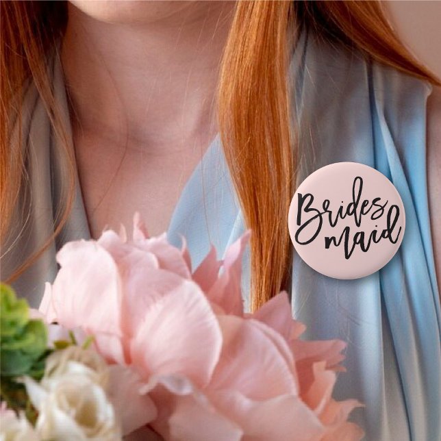 Bridesmaid Brush Script Chic Wedding Bridal Party 2 Inch Round Button ('Bridesmaid' Brush Script Calligraphy Wedding Rehearsal Pin Button @ fatfatin_blue_knot)